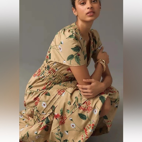 Anthropologie The Somerset Maxi Dress Cotton Tiered XL Khaki Beige Floral Puff - Picture 11 of 16